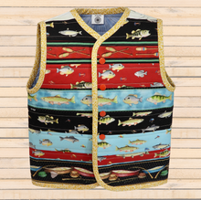 Load image into Gallery viewer, Size 4 - Handmade Quilted Child Vest - Fully Lined - 100% Cotton - in Outdoors Fishing themed fabrics - complete and ready to ship - OOAK
