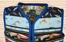 Load image into Gallery viewer, Size 5 - Handmade Quilted Child Vest - Fully Lined - 100% Cotton - Fishing / Outdoors themed fabrics - complete &amp; ready to ship - NO SNAPS
