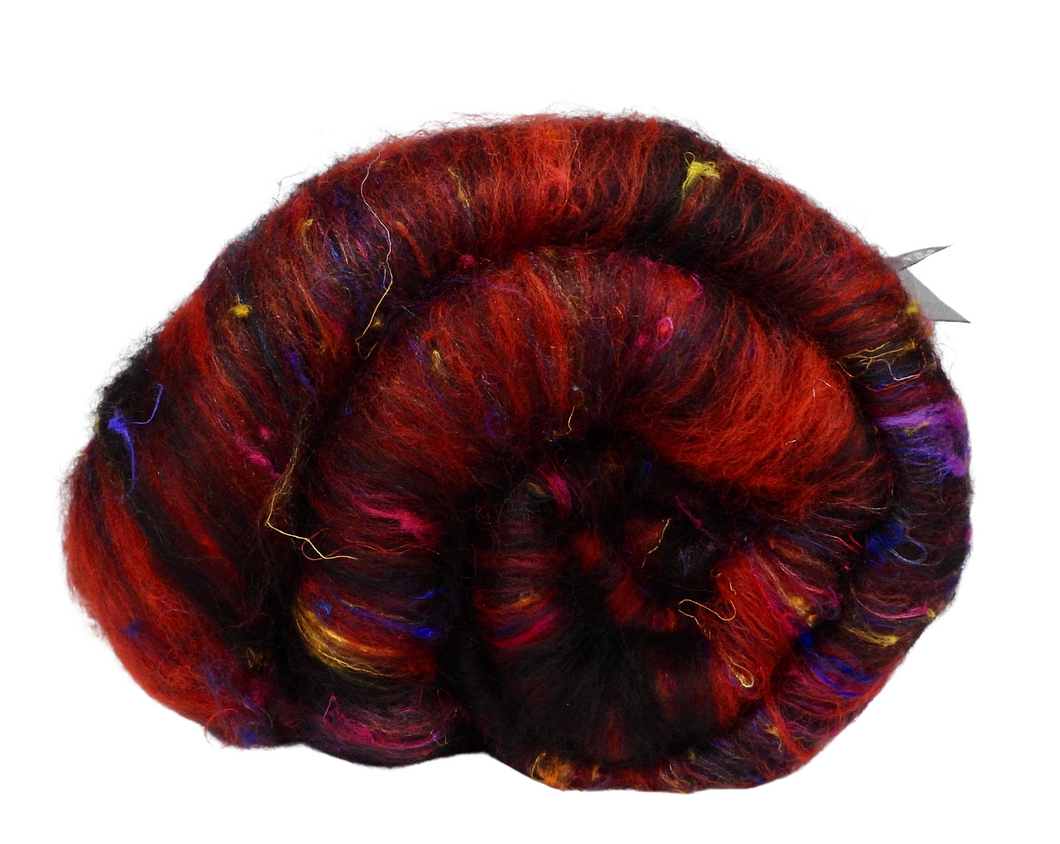 Carded Art Batt for Spinning - 98g - Mixed Fibres, Wools, Recycled Sari Silk