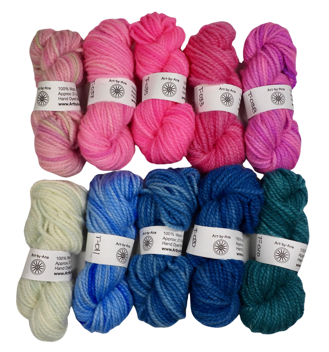10 PACK - Hand Dyed Mini Skeins - 100% Wool - Lot 36