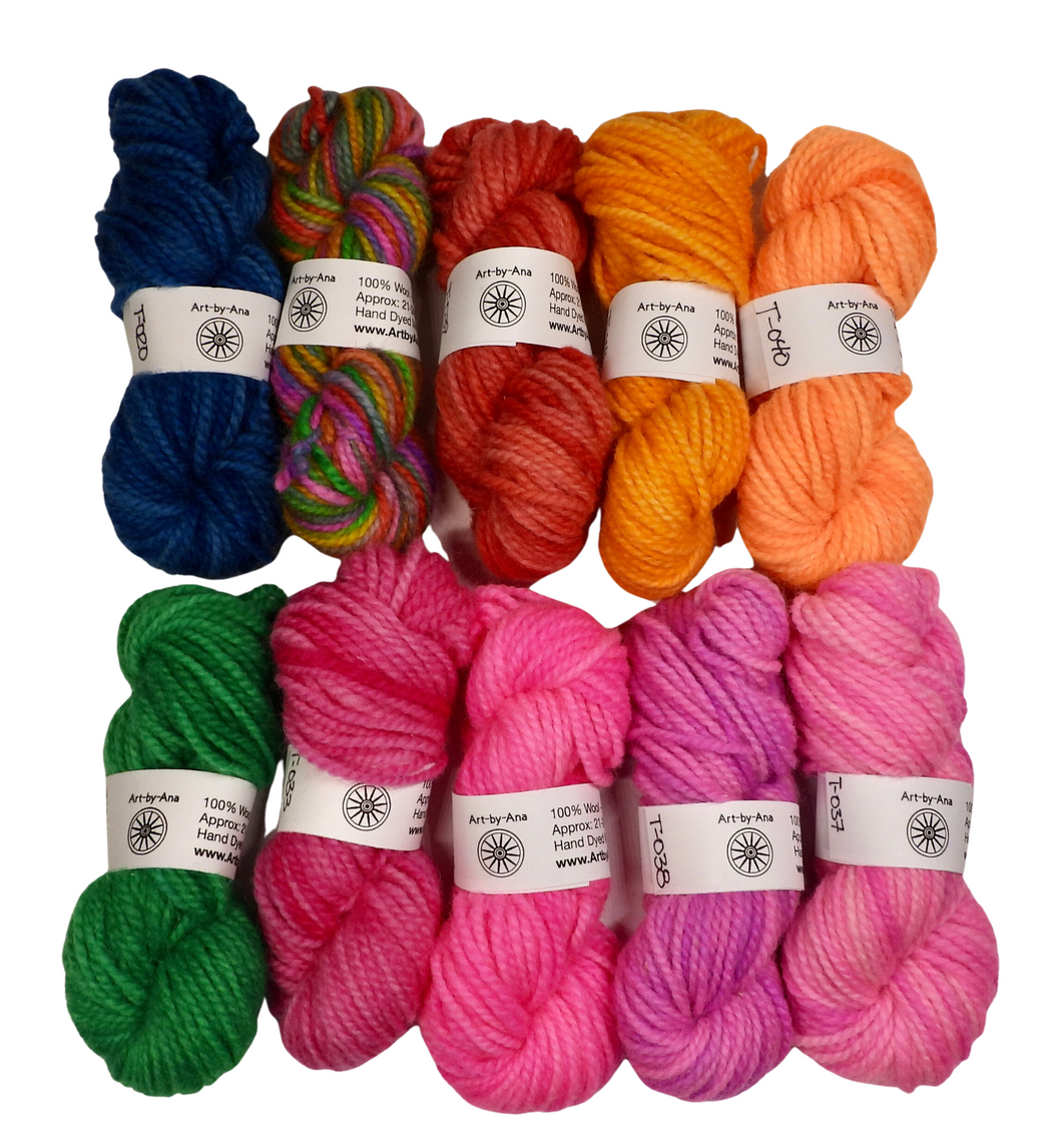 10 PACK - Hand Dyed Mini Skeins - 100% Wool - Lot 37