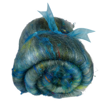 Load image into Gallery viewer, Carded Art Batt for Spinning - 67g - Mixed Fibre, Bamboo, Wool, Recycled Sari Silk &amp; Sparkle
