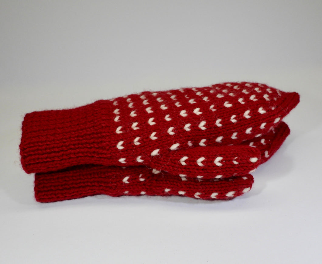 Hand Knit Thrum Mittens in Wool - DEEP RED - Ladies Medium/Large (Men's Medium)