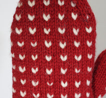 Load image into Gallery viewer, Hand Knit Thrum Mittens in Wool - DEEP RED - Ladies Medium/Large (Men&#39;s Medium)
